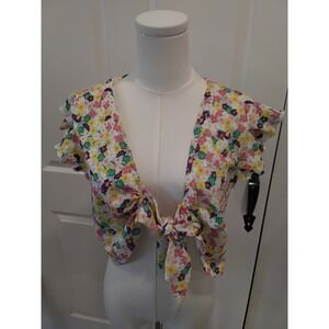 Vero Moda Floral Tie Front Crop Top Ruffle Cap Sleeve Multi Color Size Medium